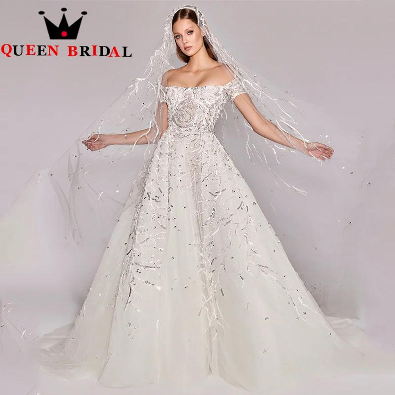 Exquisite Lace Sequined Wedding Dresses 2023 New Boat Neck Luxury Bridal Ball Gowns Custom Robe De Mariée M12J