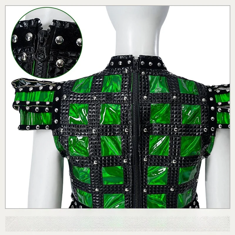 SIX The Musical Cosplay Costume Anne Boleyn Green Faux Leather Mini Skirt Black Fishnet Tights Set for Women’s Halloween Dress view 6