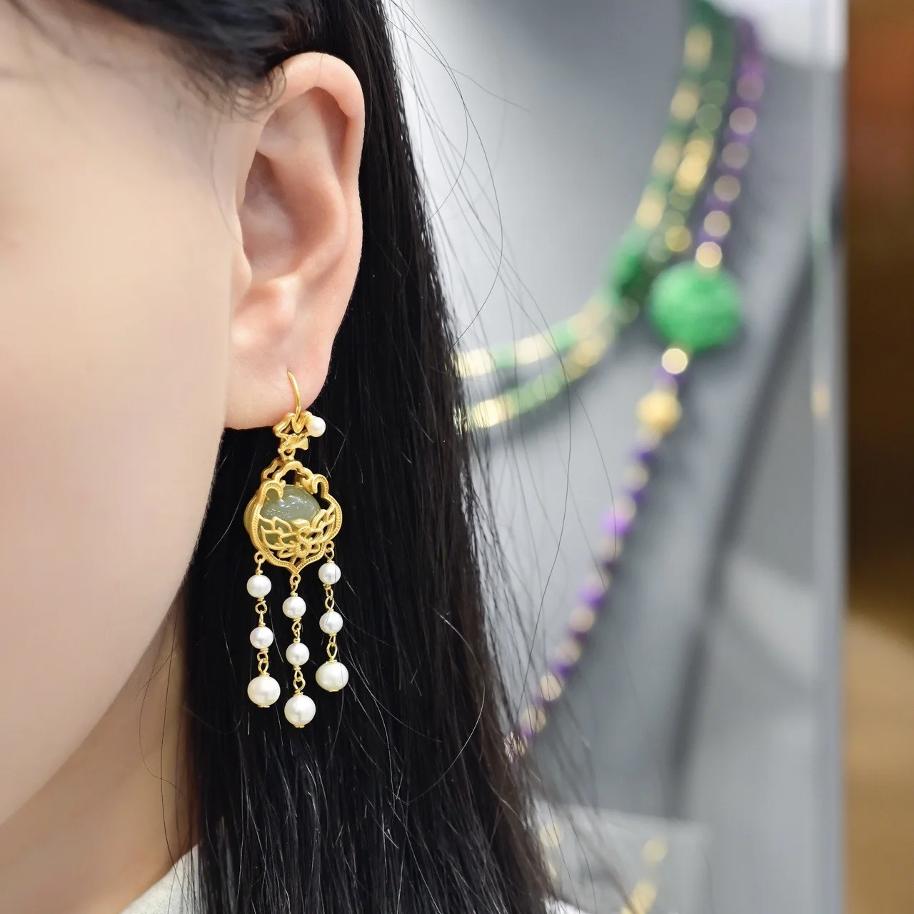 Hetian Jade Ruyi Earrings, 925 Silver Gold Plated with Freshwater Pearl Fringe, Chinese Elegant Jewelry Gift