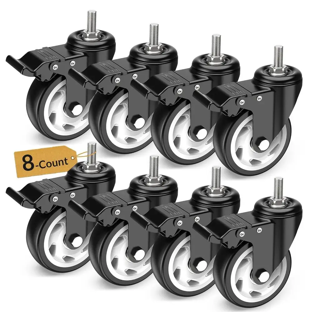 

4 Inch Total Locking Stem Casters, 3/8-16 x 1 Threaded Stem Swivel Casters Set of 4 Heavy Duty Black 8 Pack