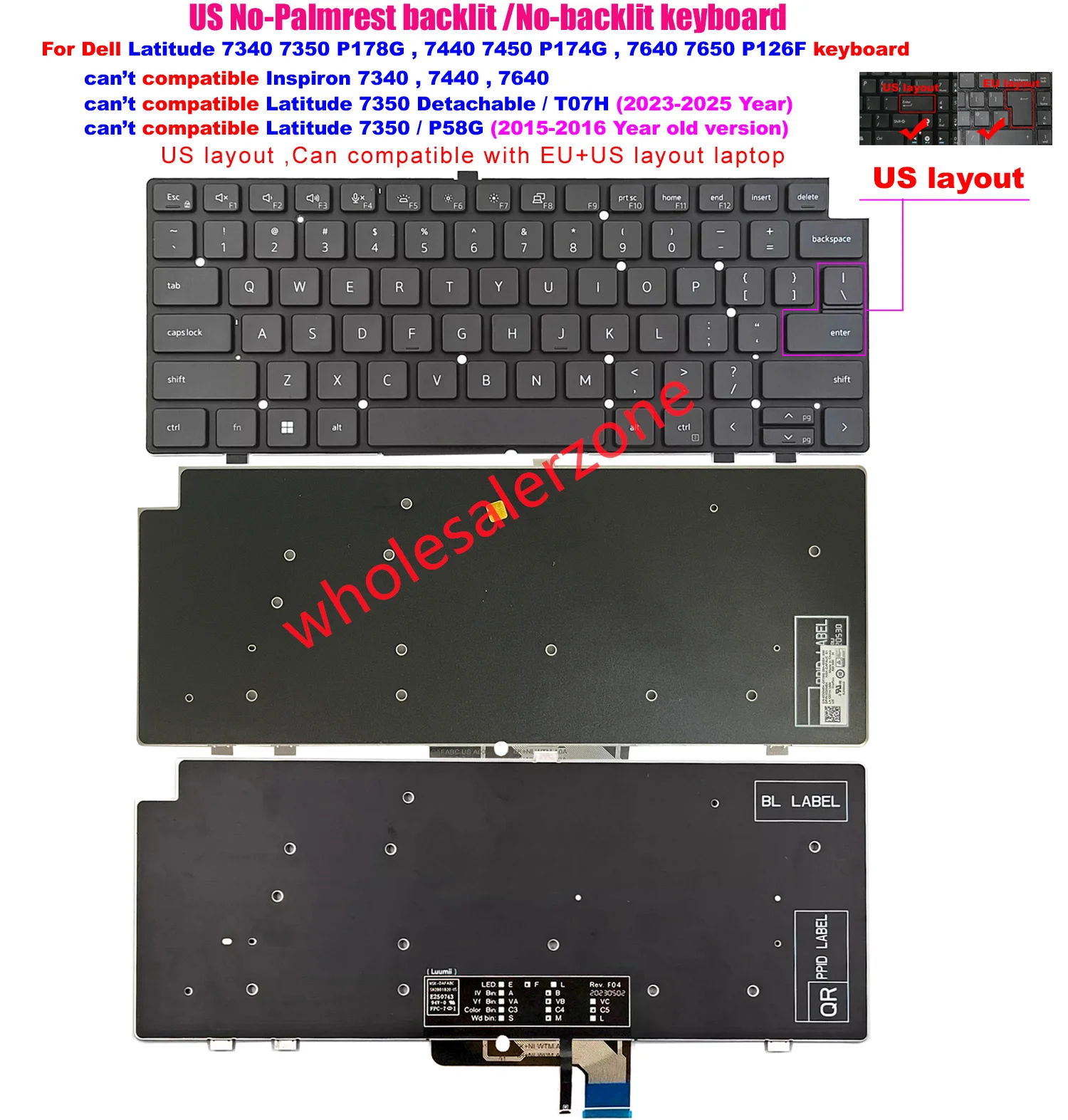 Teclado para Dell Latitude 7340 7350 P178G,Latitude 7440 7450 P174G 16 "pulgadas Latitude 7640 7650 P126F portátil diseño de EE. UU.