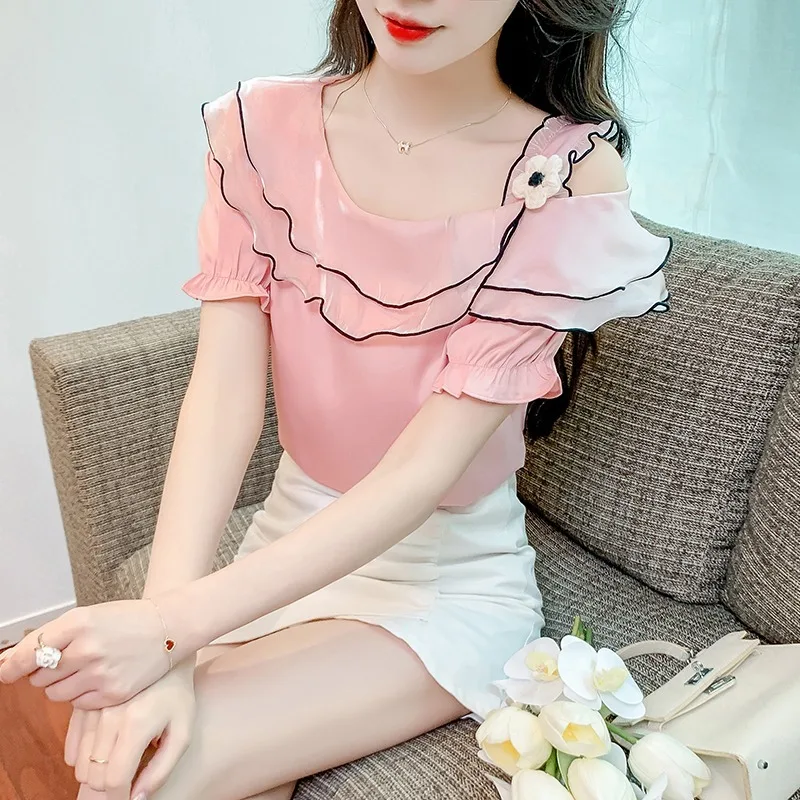 

Short Sleeve Shirts Womens Cotton Pintucked Balloon Sleeve Slim Fit Shirt Office Minimalist Modern Elegant OL Lady Professional