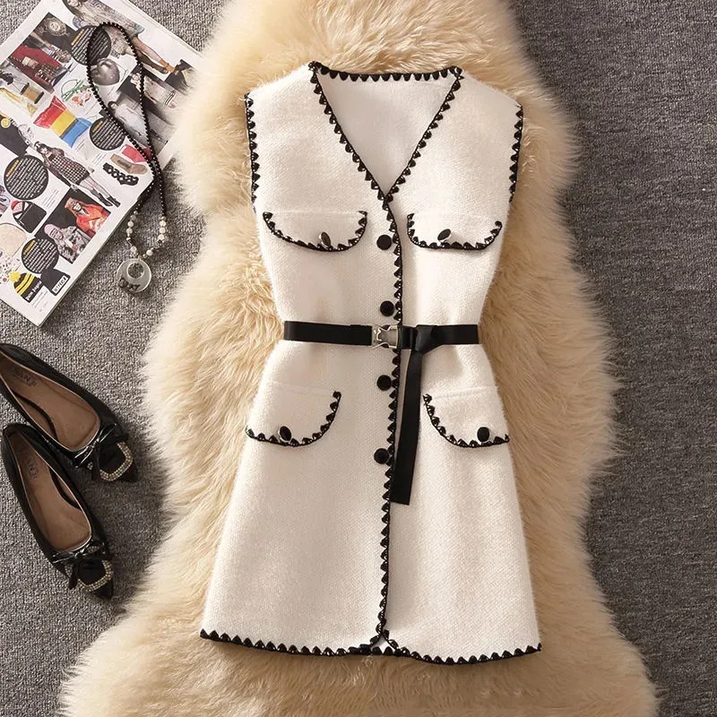 

2023 Spring New Color Contrast Wool Vest Women Fashion Mid-Length Sleeveless Jacket Slim Waistcoat Female Outerwear Tops H2948