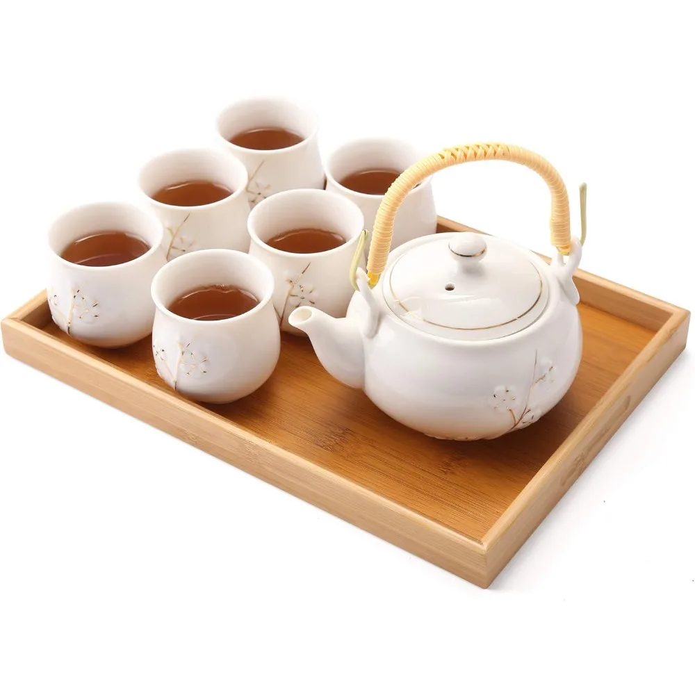 

White Porcelain Tea Set with 1 Teapot Set, 6 Cups, 1 Tray, 1 Stainless Infuser, Cute Asian Tea Set