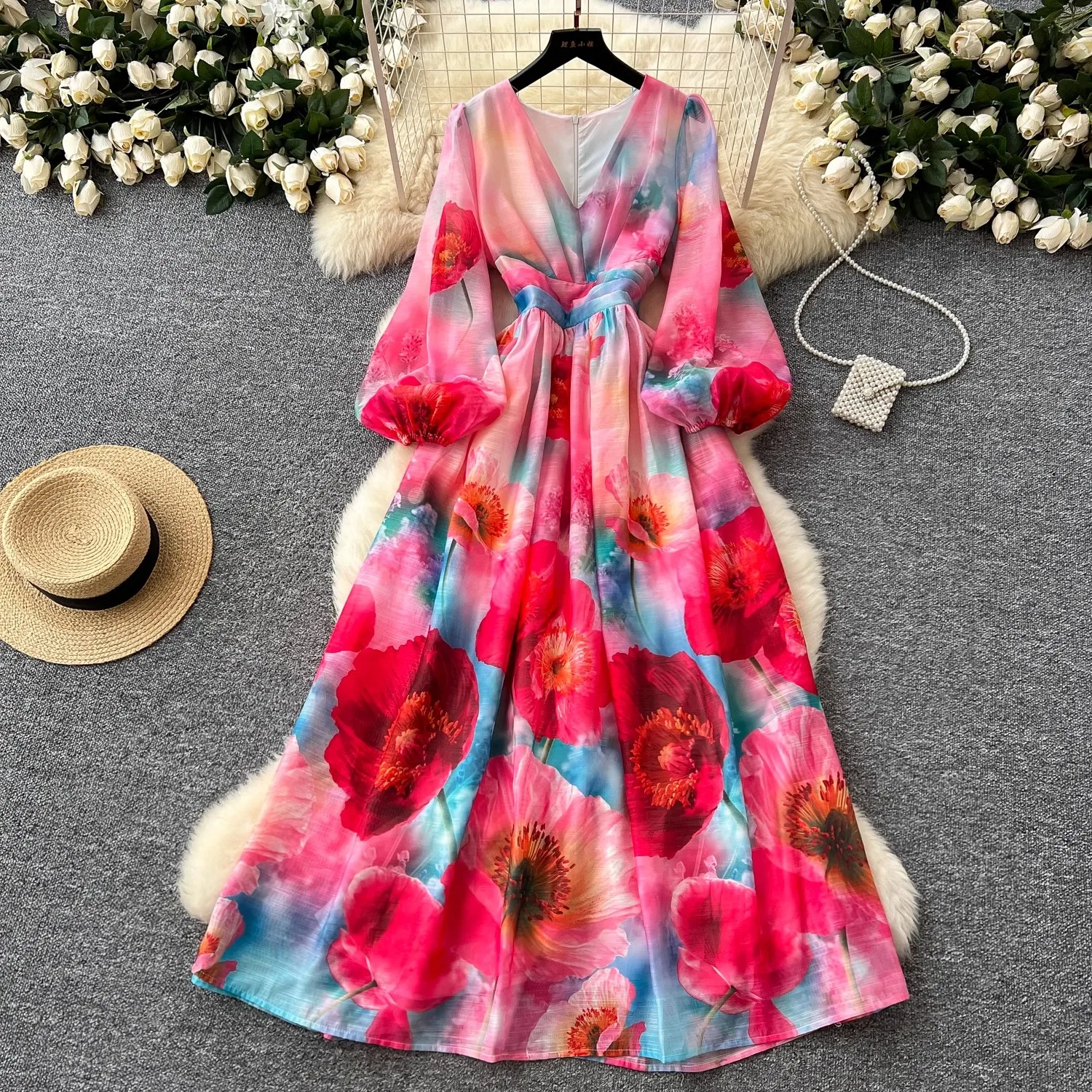 

NEW 2025 Summer Bohemian Elegant Gorgeous Flower Lantern Sleeve Long Dress French Retro Floral Print Pleated Chiffon Maxi Dress