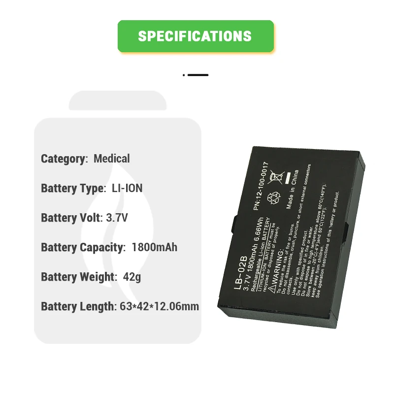Li-ion 3.7V 1800mAh Replacement Lithium LB-02B M.edical Battery for BIOLI.GHT AnyYiew A2 V.ital Sign.s Monitor