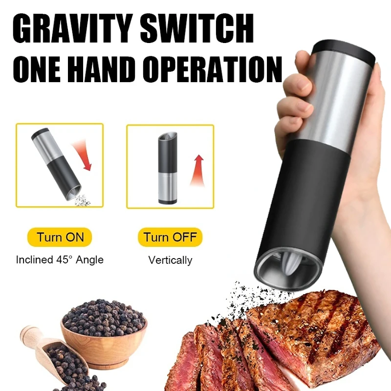 Electric Salt and Pepper Grinder with Adjustable Coarseness Clear Canister Ceramic Core and LED Indicator Gravity Auto Grinders