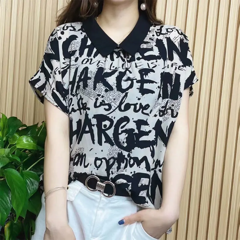 

Casual Peter Pan Collar Blouse Fashion Hand-Painted Letter Printed Female Clothing Korean Loose Summer Commute Spliced Shirt New