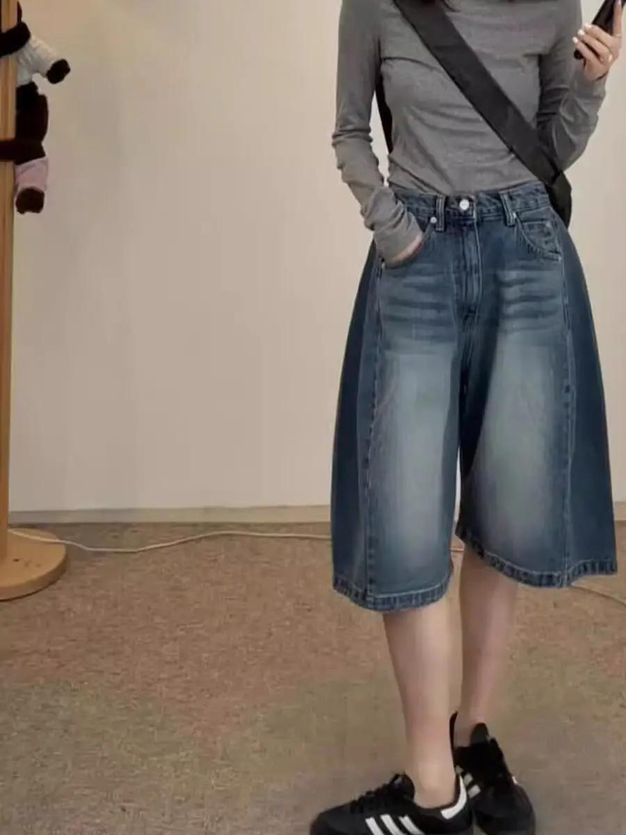 

Retro Wide Leg Denim Shorts Women's Summer New plus Size Pear Shape Slimming Loose Five-Quarter mid Pants Casual High Waist Z...
