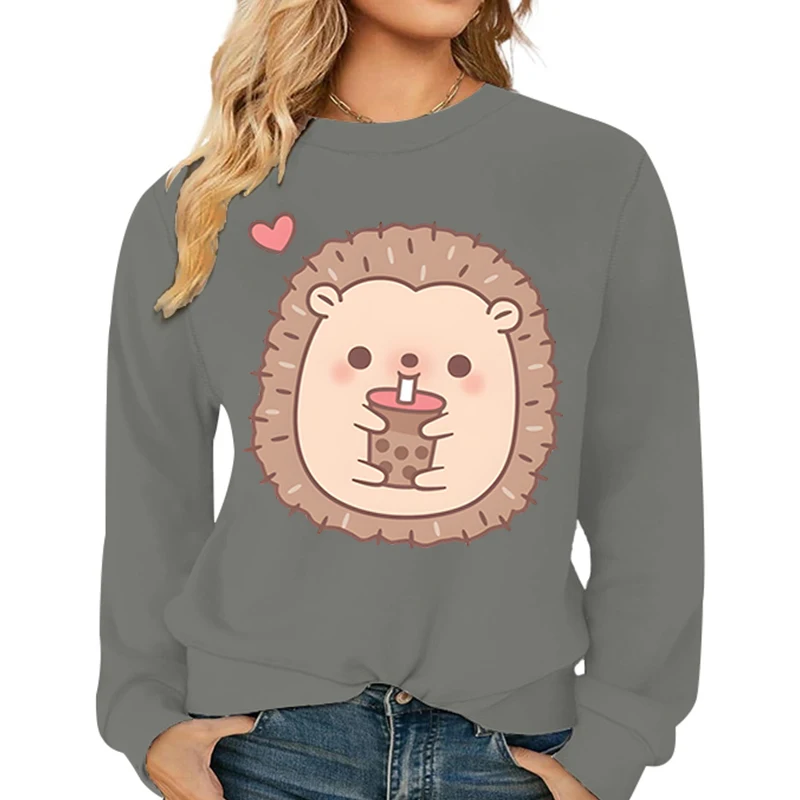 Autumn Winter Cartoon Women Sweatshirts Hedgehog Bobo Tea Print Hoody Warm Crewneck Pullover Cute Animal Hedgehog Female Hoodies