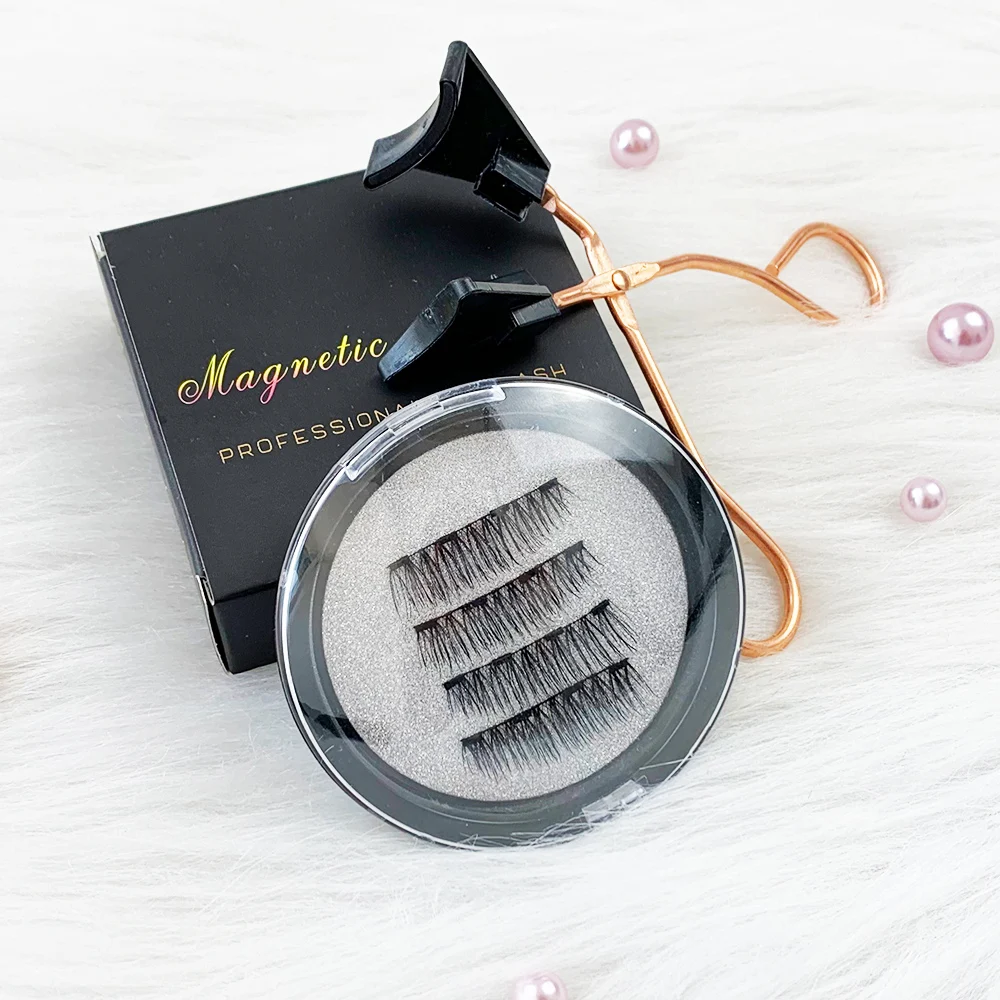 2 Pairs 4 PCS Magnetic Reusable False Eyelashes 3D Mink Fake Self Adhesive Eyelash 4 Magnets With Eyelash Curler Kit Make Up