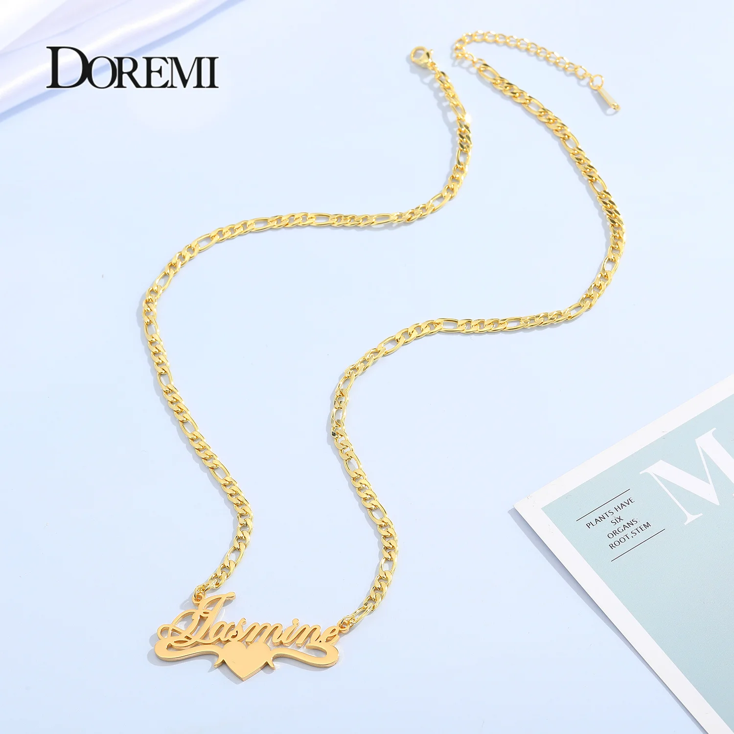 

Lateefah 3MM Figaro personalized chain custom name necklace and heart stainless steel custom nameplate necklace for women's numb