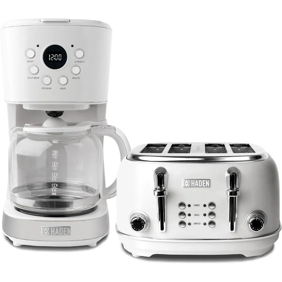 Heritage 4 Slice Wide Slot Stainless Steel Toaster Bundled with 12 Cup Programmable Drip Coffee Maker Coffee Machine in Ivory C