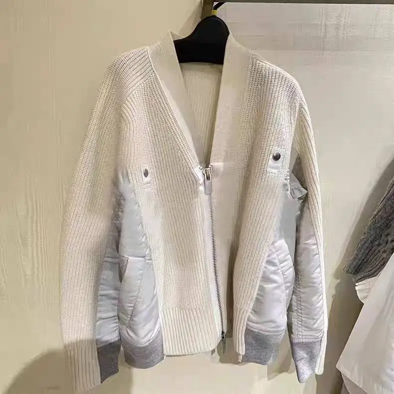 

SAC Japanese design sense V-neck zipper long-sleeved knitted splicing sweater jacket