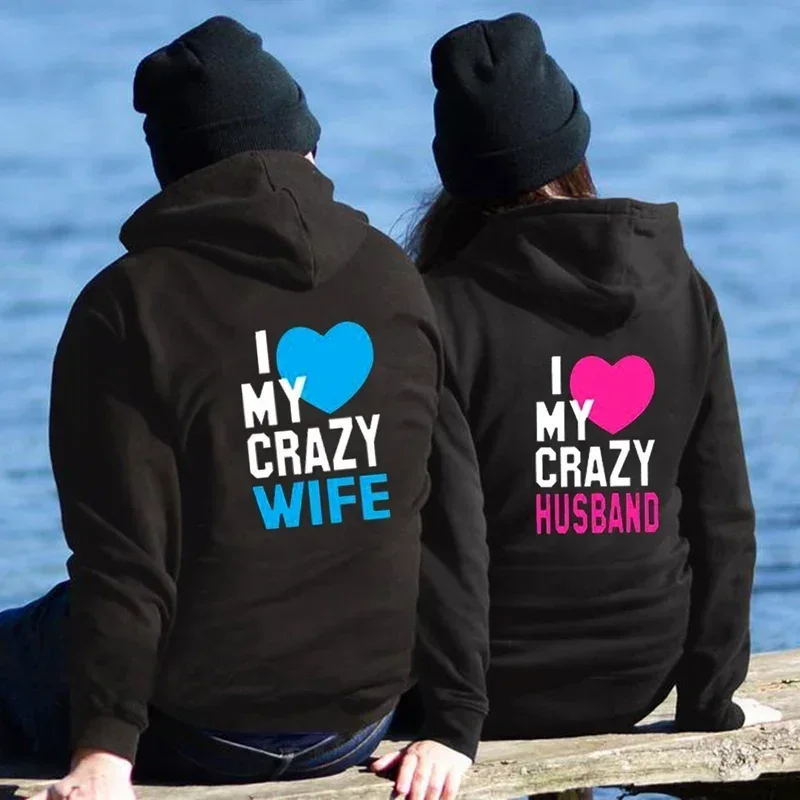 Women Men Lovers Sweatshirt Lovers Couples I LOVE MY CRAZY HUSBAND I LOVE MY CRAZY WIFE Couple Hoodies Chritsmas