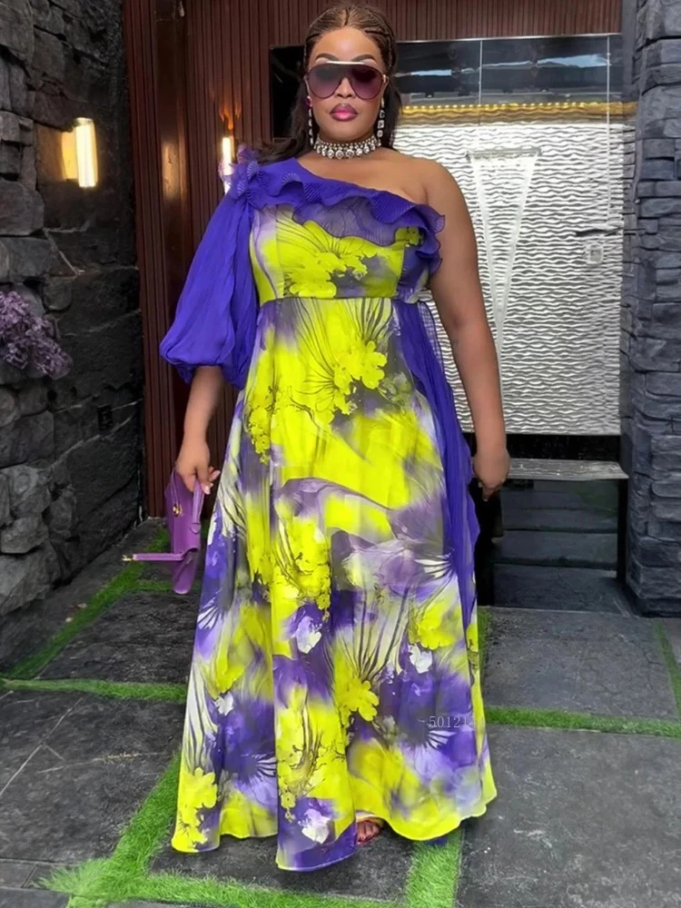 Szyfonowe Długie Sukienki Damskie na Imprezę Bal Urodziny Wieczorowe Suknie Afrykańskie Dashiki Wzorzyste Stroje Sukienka Maxi na Jedno Ramię Odzież