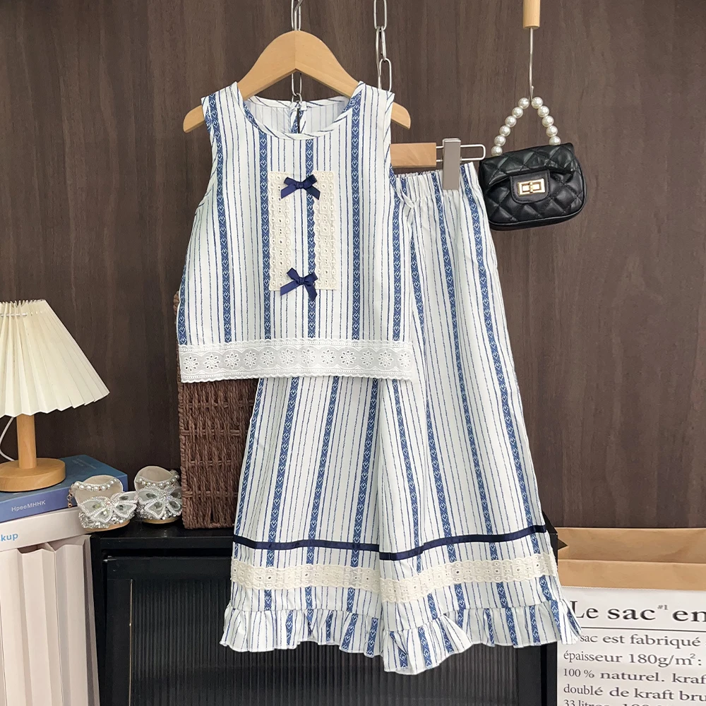 Round Neck Sleeveless Bow Striped Pleated Top+wide Leg Pants Two-piece Set New Summer Girls Clothes Korean Version Fashionable