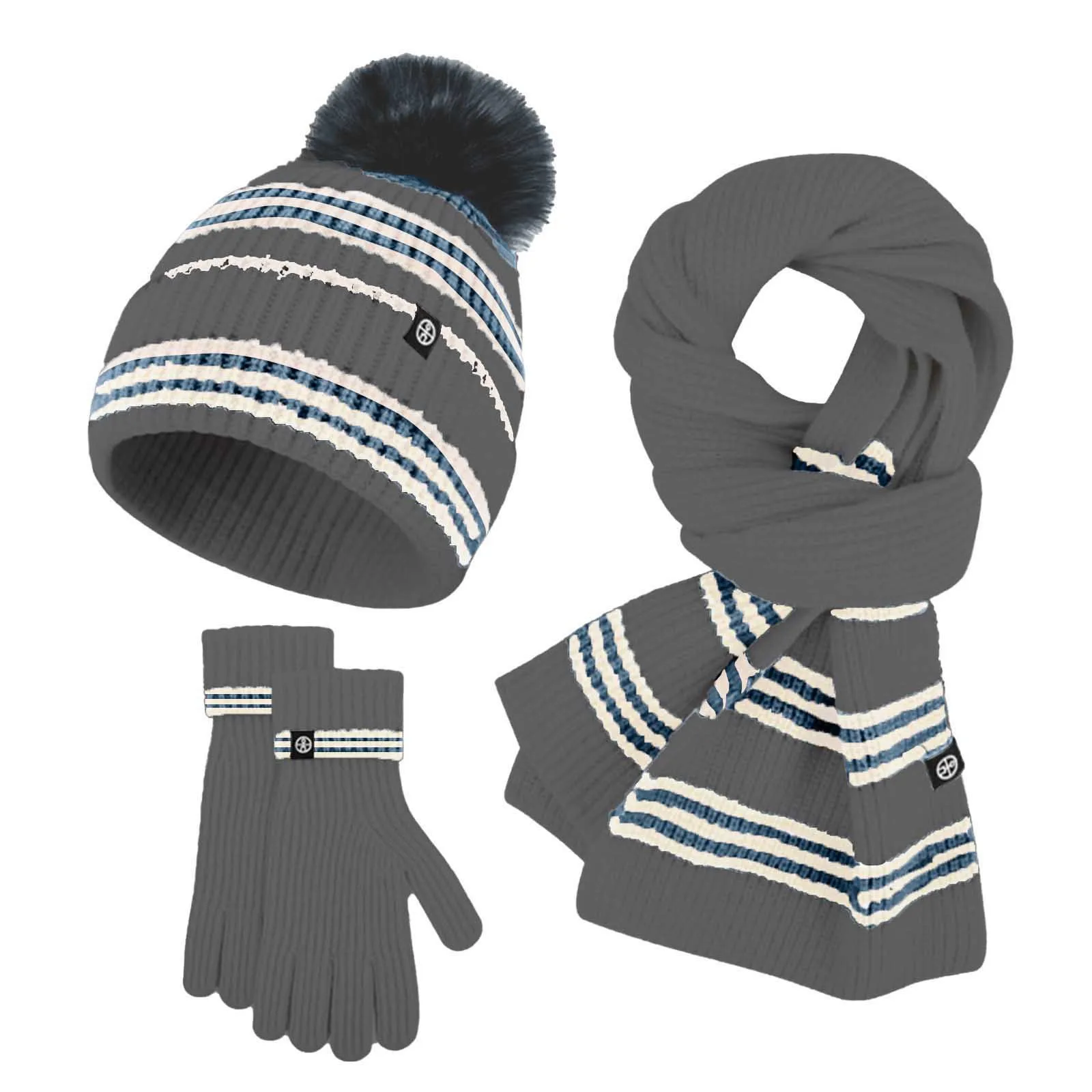 Strickmütze mit Pompom, gestreifter Schal, warm halten, Vollfinger-Fäustlinge, 3-teilig, für Damen, Winter, Beanie, Mütze, Schal, Handschuhe, Set, dick, warm, 2025