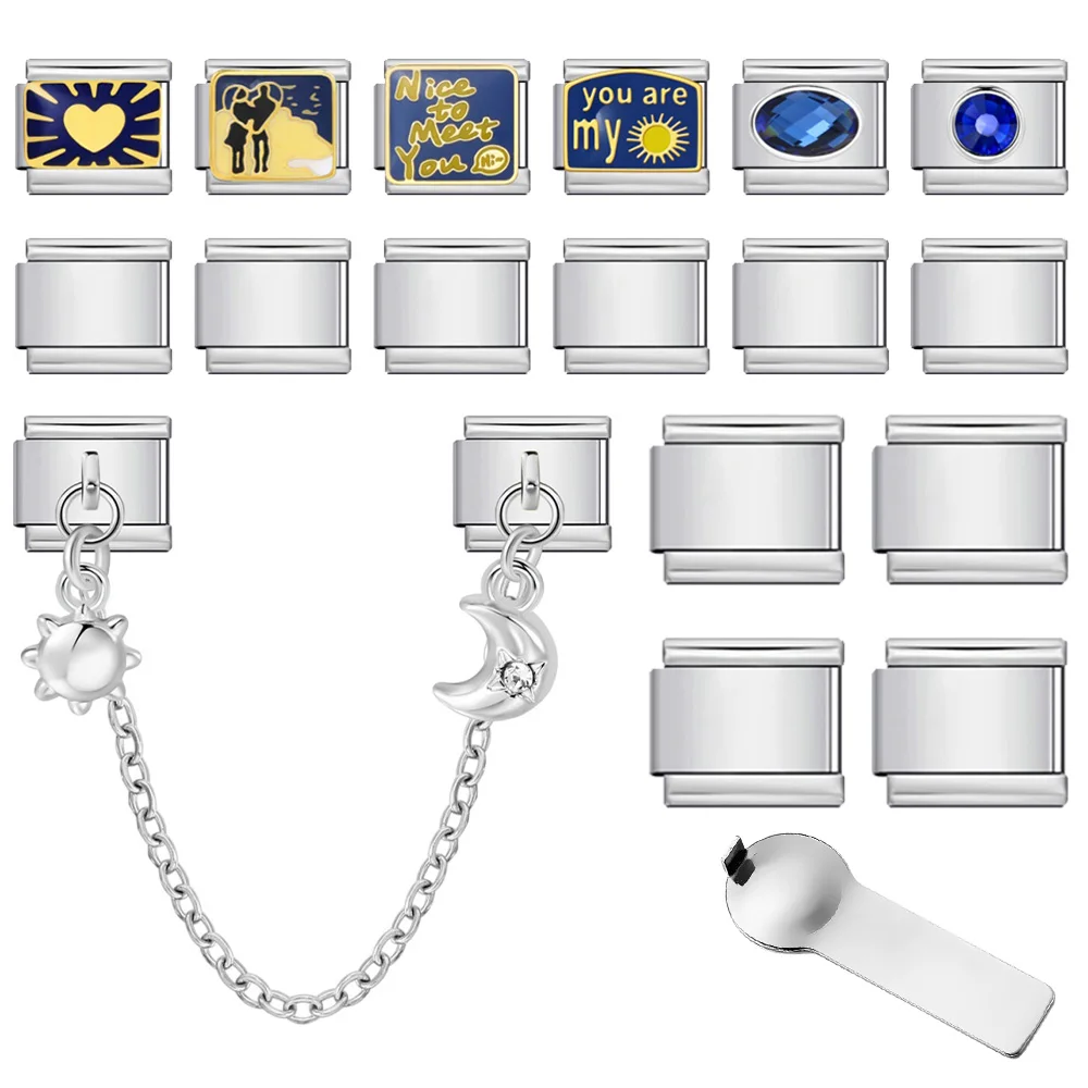 9mm Italienische Charm-Anhänger für Armbänder, Paar-Sonnen-Stern-Herz-Werkzeug-Kombinationsset, DIY Edelstahl-Charm-Schmuck, 18-teiliges Großhandelspaket – Detail 1