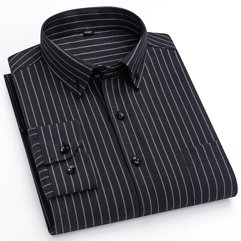 Men's Oxford Long Sleeve Square Collar Soild Plaid Striped Summer Casual Shirts Single Pocket Comfortable Cotton Shirt