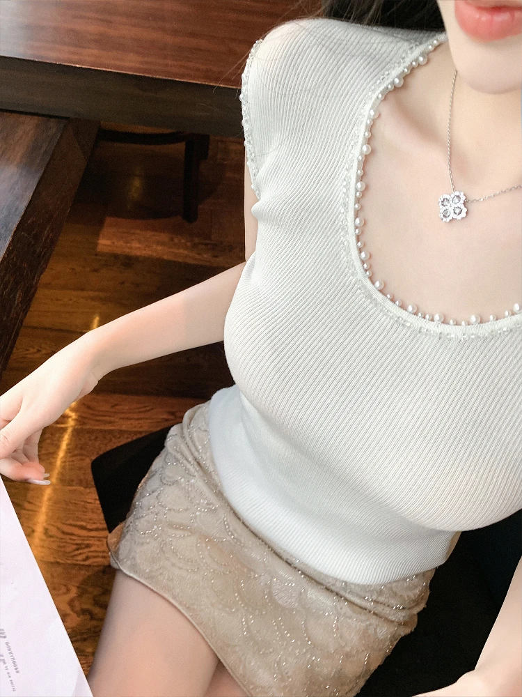 

Женская модная укороченная футболка Cchen Chencheng Moon Xuanji Pearl U-ne с коротким рукавом, вязаная, приталенная, с эффектом утяжки на талии