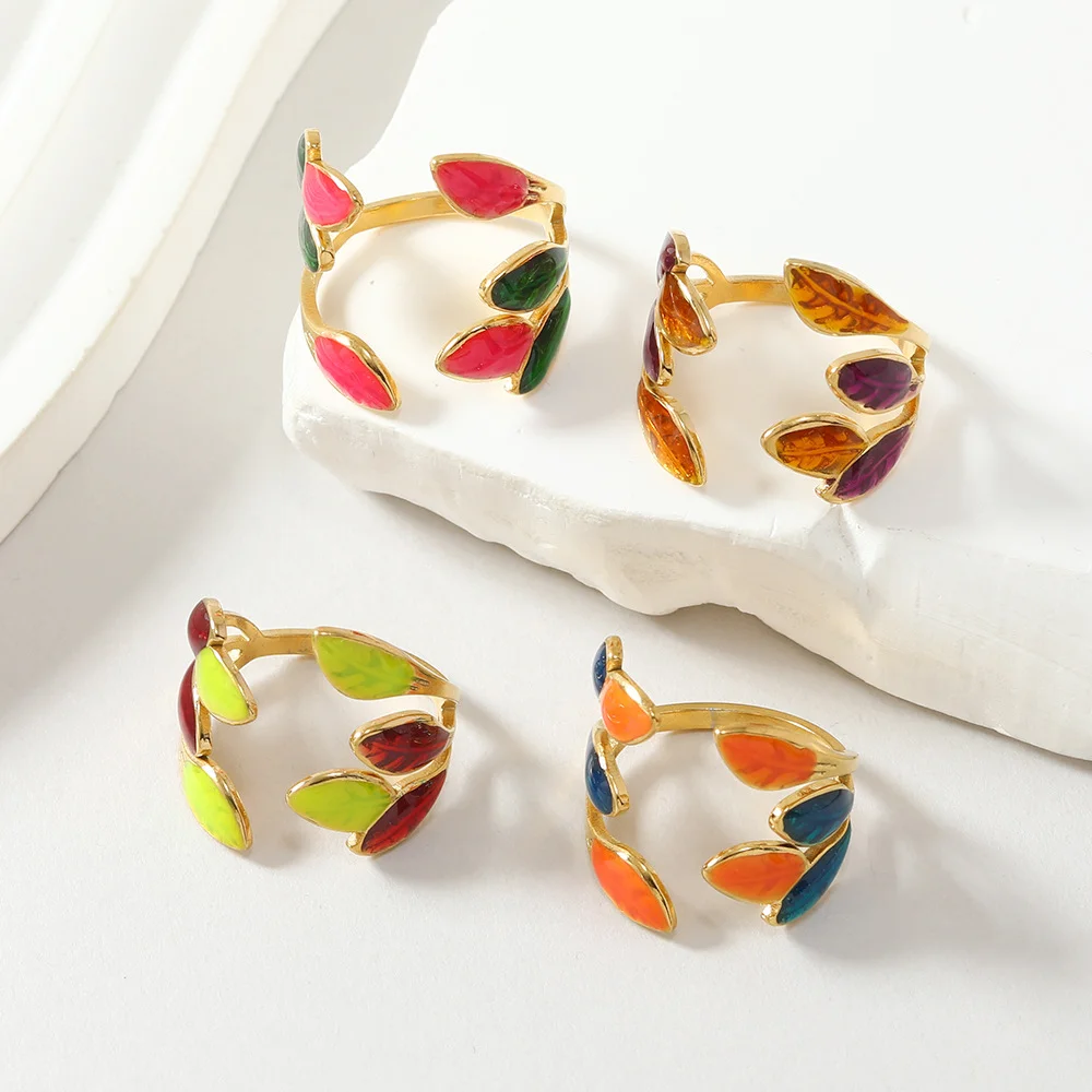 2025 New Luxury Retro Double Color Oil Drip Tree Branch Maple Leaf Stainless Steel Ring Women Men Holiday Party Jewelry Anillo