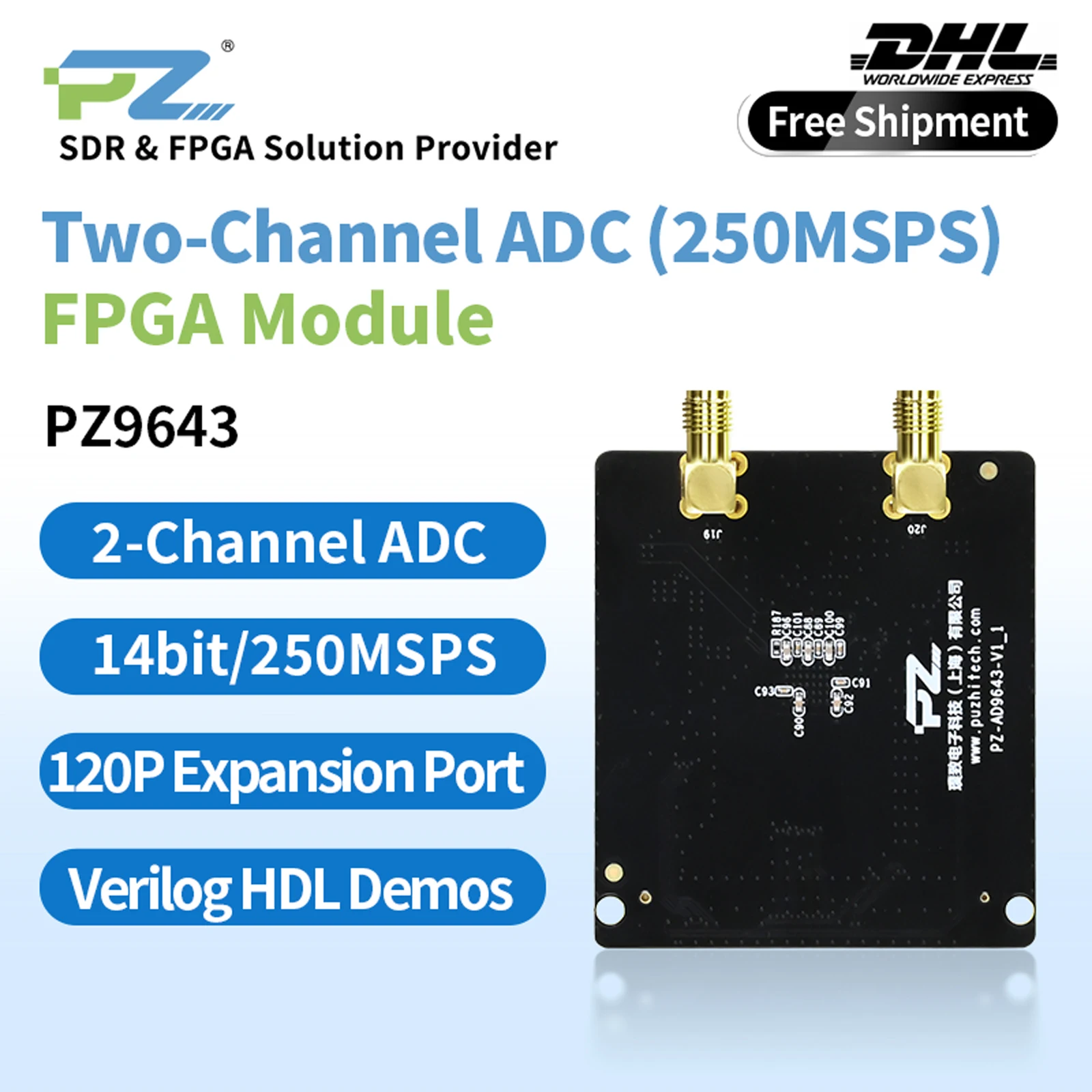 Puzhi PZ9643 FPGA Module Dual-channel High-speed ADC 14bit 250MSPS AD9643 120P Expansion Port LVDS