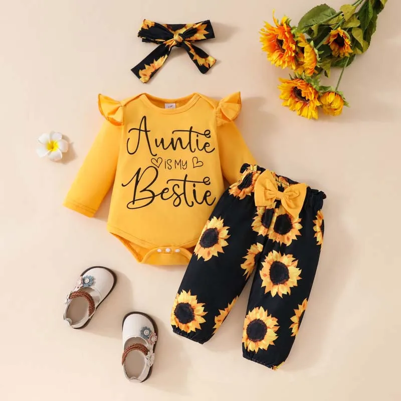 

Autumn Newborn Baby Clothes Girl Set 0-18 Months Long Sleeve Letter Bodysuit With Sunflower Print Pants Hairband 3Pcs Outfits