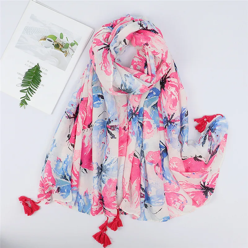 Spain Fashion Brand Lovely Garden Floral Tassel Viscose Shawl Scarf Lady Soft Pashmina Hijabs and Wraps Bufandas Muslim Sjaal