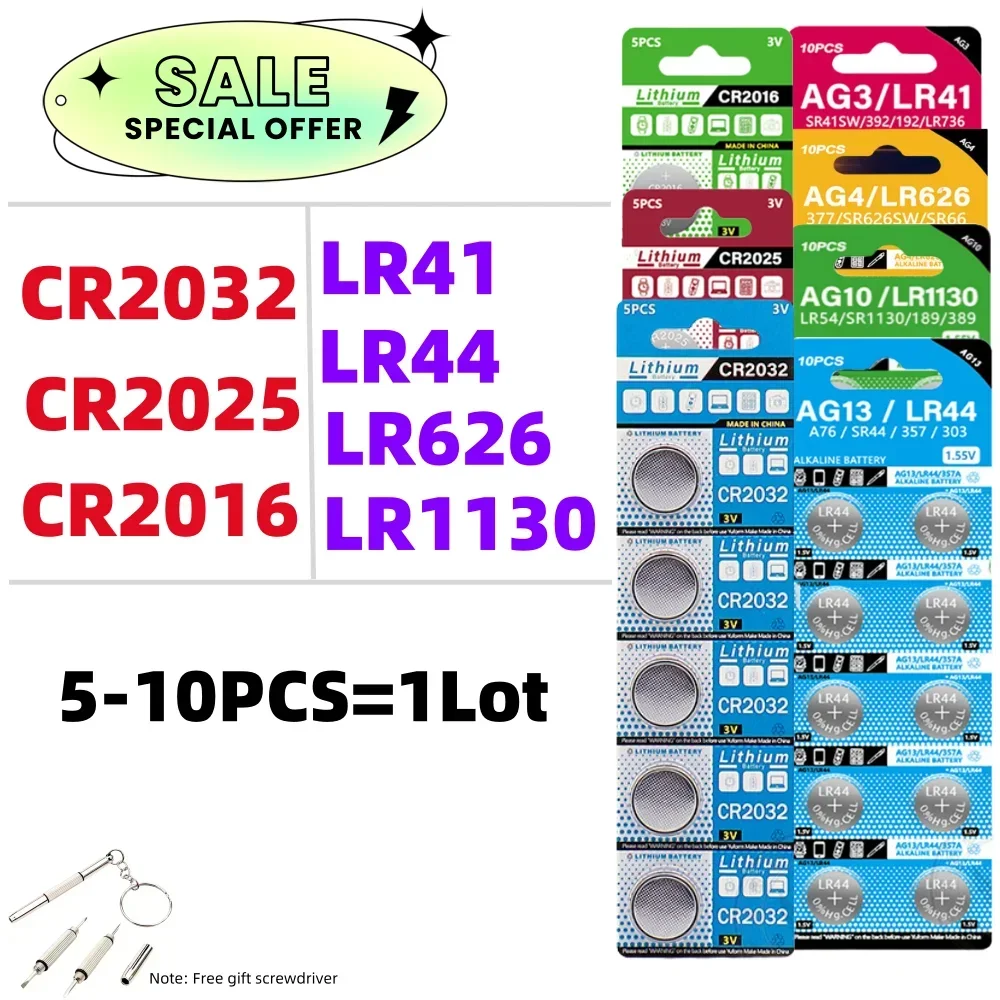 

5-10PCS CR2032 CR2025 CR2016 LR41 LR44 LR626 LR1130 Button Battery 3V Lithium Battery For Watch Toy Calculator Car Remote Keys