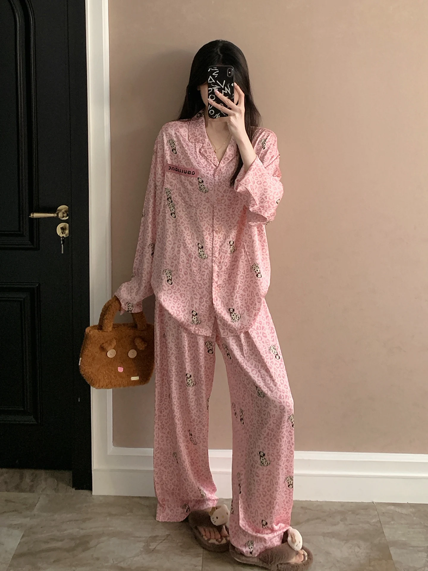 ice-silk-sleepwear-women's-long-sleeve-large-size-cardigan-outdoor-wearable-leopard-print-home-clothes-set-sweet-cute-style