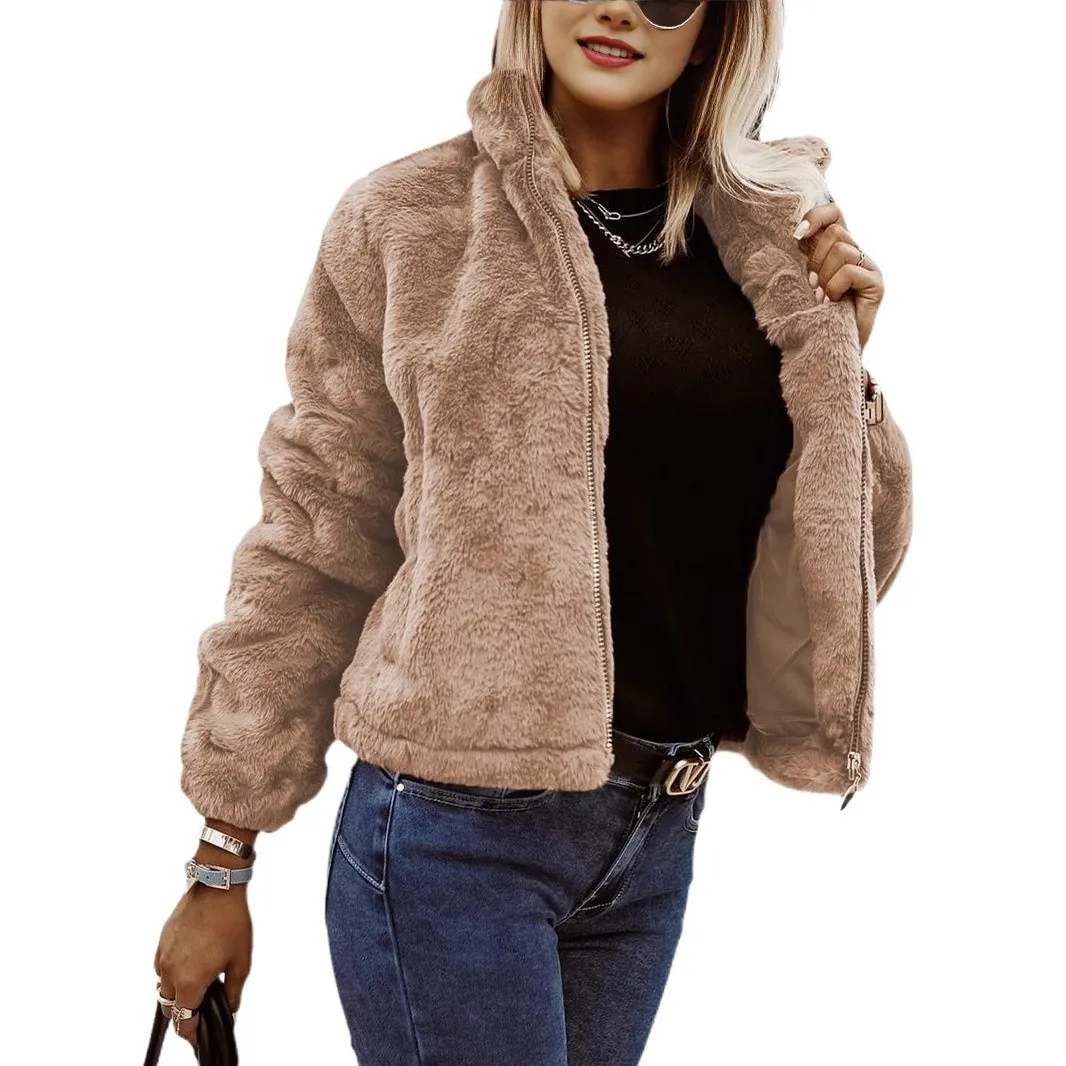 Pocket Zipper Closure Coat with Loose Fit Regular Length Elegant Commuter Style Long Sleeve Lapel Collar Women Winter Jacket