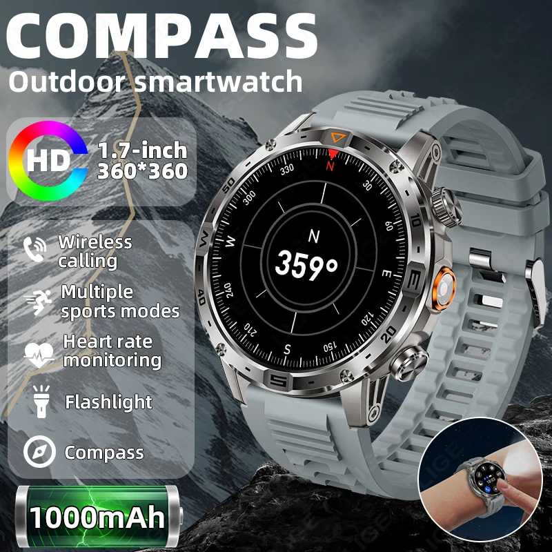 LIGE Relógio Inteligente Masculino Ao Ar Livre 1000mAh Bateria Lanterna LED Bússola Relógio 1.7 ''Grande Tela HD À Prova D 'Água Militar Smartwatch