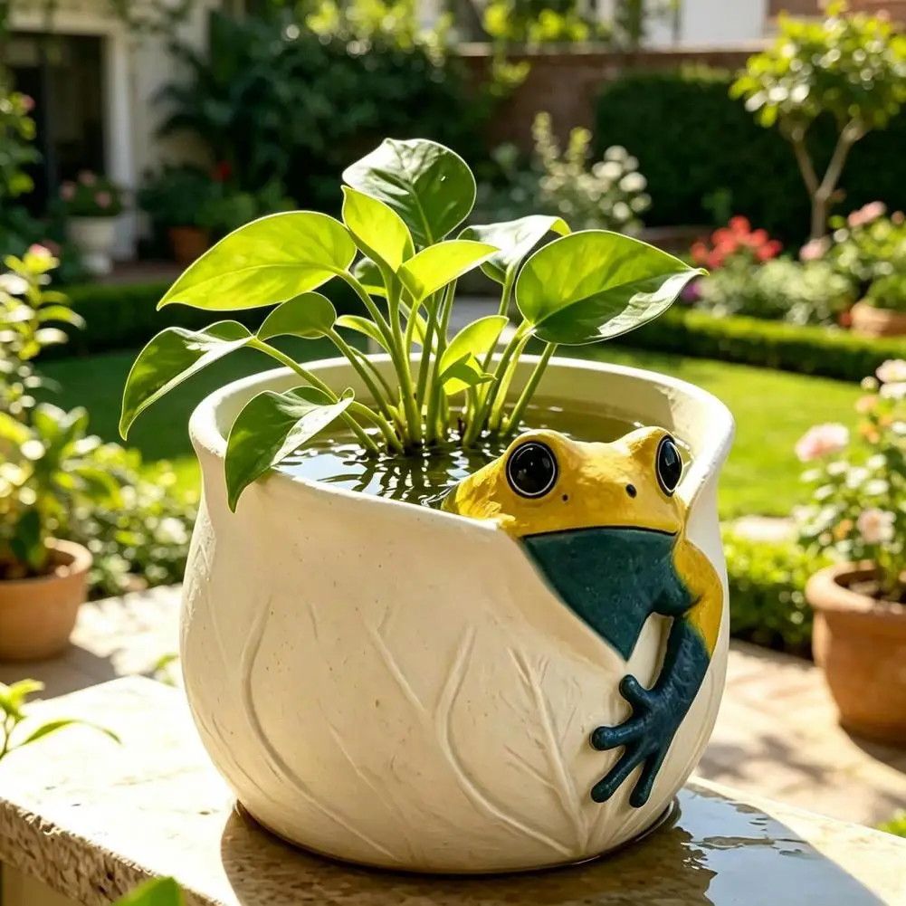 3D Frog Planter Cute Animal Plant Pot with Leaf Vein Textures Decorative Resin Flowerpot for Succulents Indoor Outdoor Decor