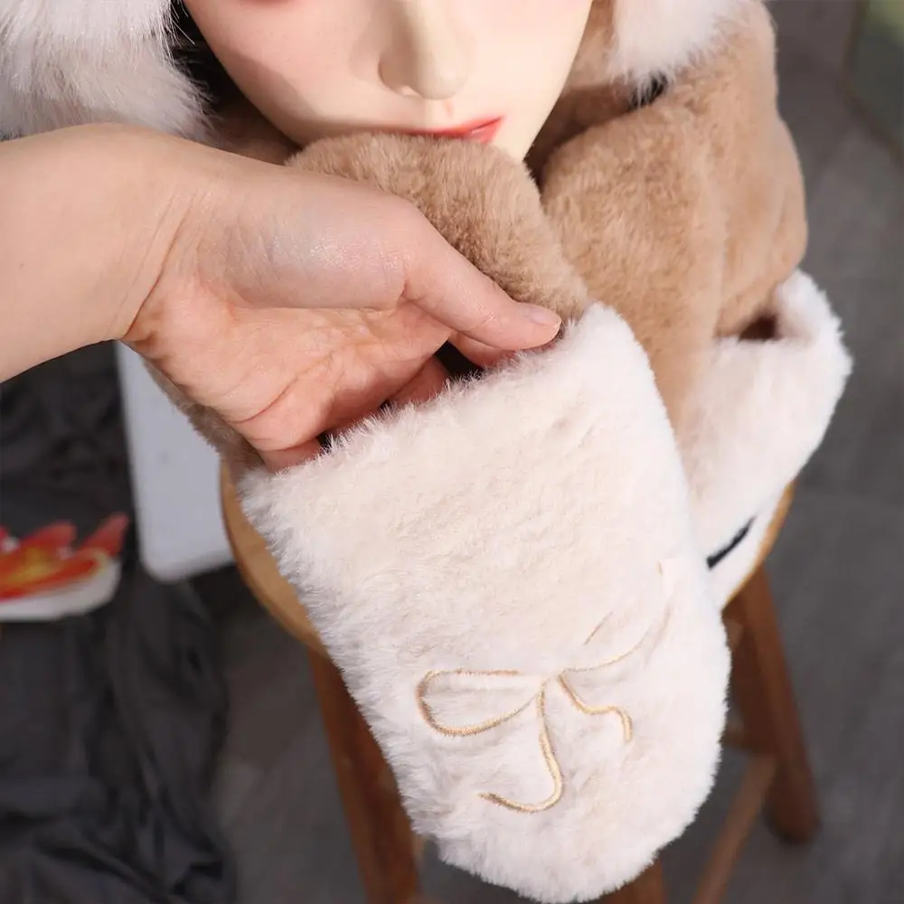 Fashion Cute Bear Ears Hat Embroidery Bow Cartoon Scarf Hat Glove for Women Earmuff Ear Protection Furry Scarf Cap Set Riding