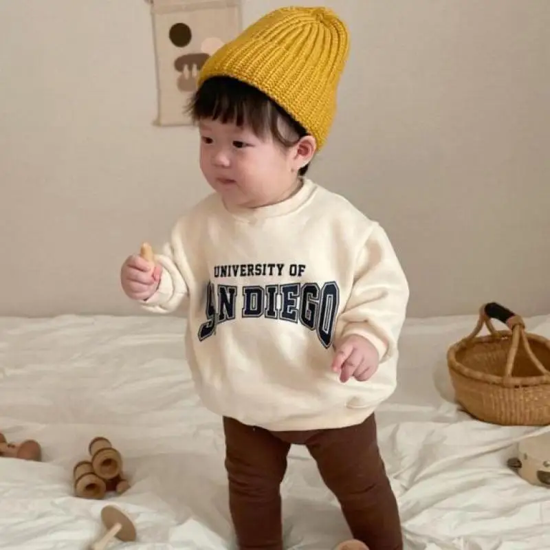 

2023 New Kids Baby Boy Letter Print Sweatshirt Cute Infant Long Sleeve Tops Loose Girls Casual Pullover Cotton Baby Sweatshirt