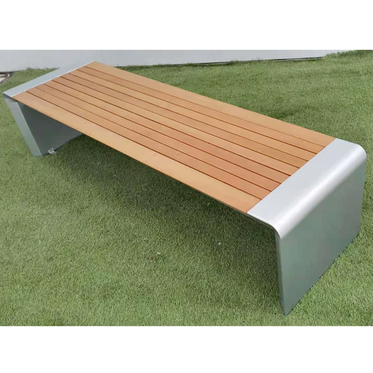 Durable Galvanized Steel Backless Park Bench with Wood Seats for Public Areas