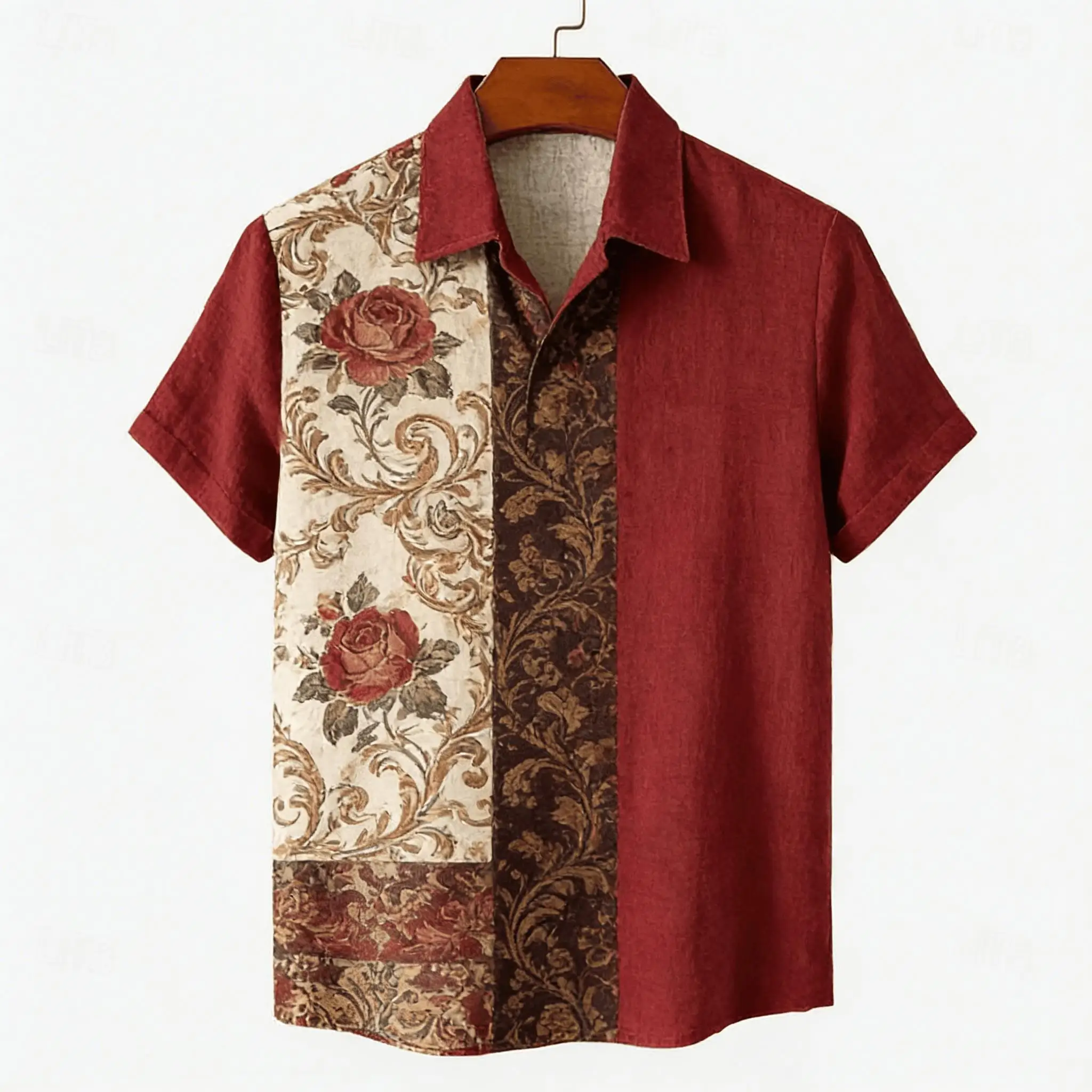 Men's Vintage Patchwork Print Short Sleeve Shirt, Retro Baroque Style Button Down for Spring Summer Casual