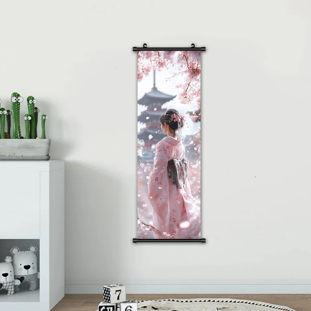 VIKAMA Cherry Blossom Wall Art Canvas Painting Pagoda Kimono Silhouette Framed Poster Home Living Room Bedroom Decor Gift