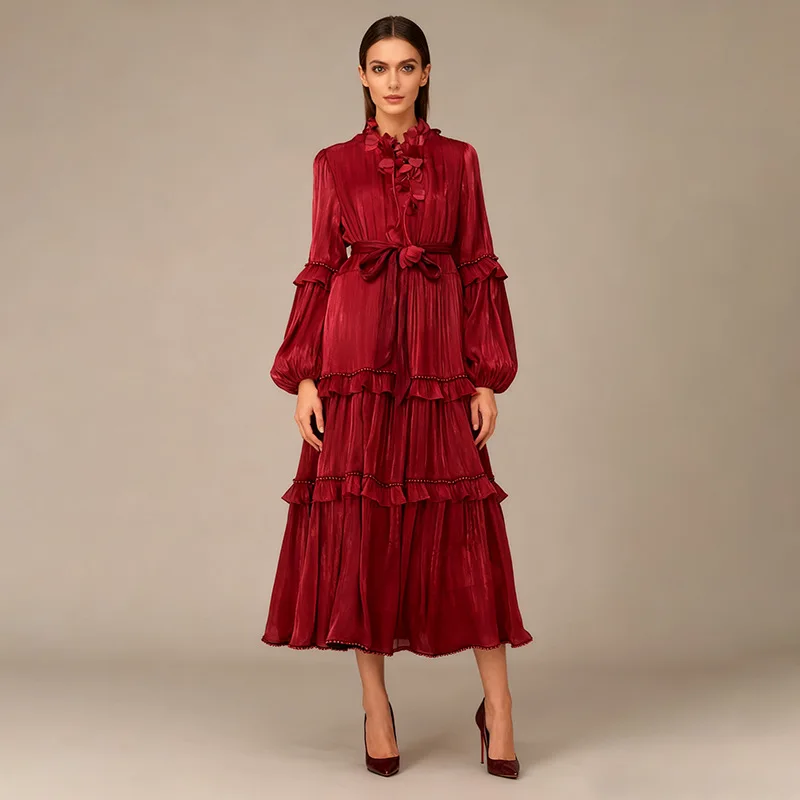

Elegant Style Long Skirt 2025 New Fashion Ruffled Multi-layer Pleated Solid Color Ruffle Collar Long-sleeved Dress for Women