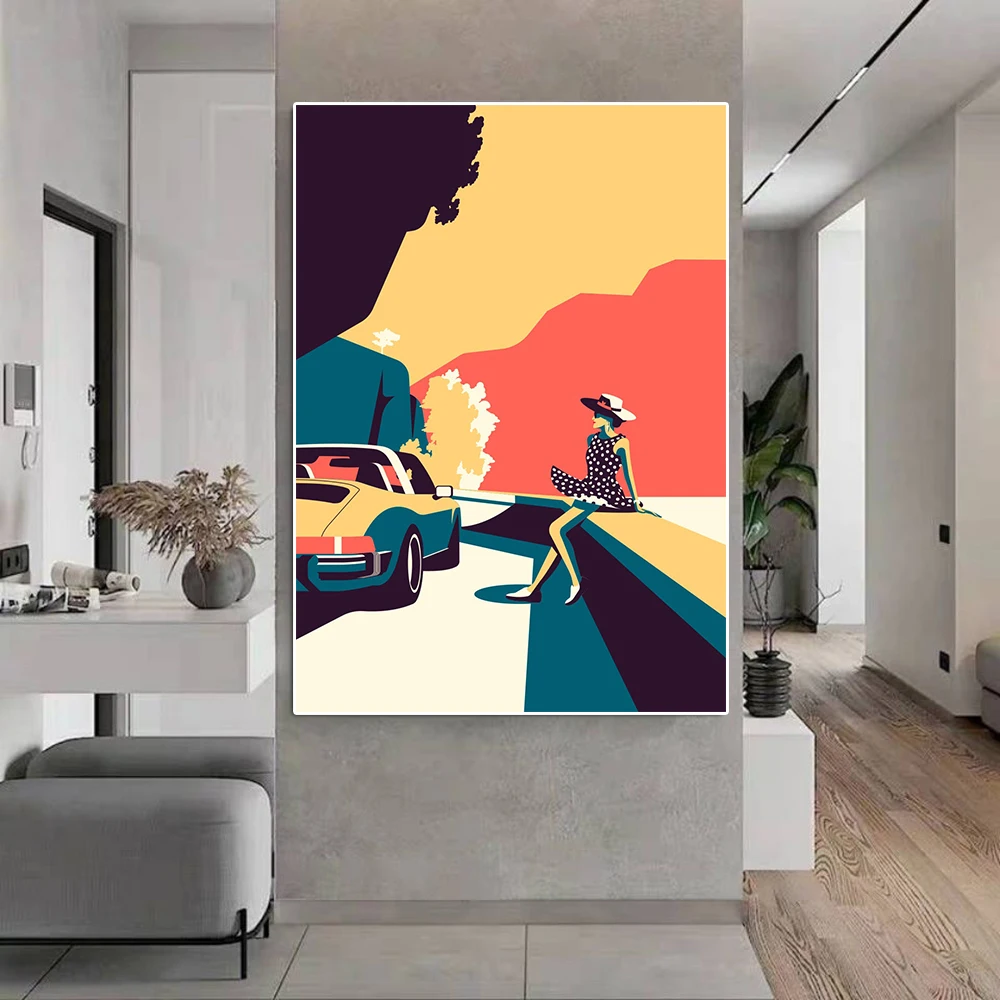 Abstract Sexy Girl And Luxury Racing Seaside Landscape Canvas Painting Fashion Retro Sports Car Poster Print Wall Art Room Decor