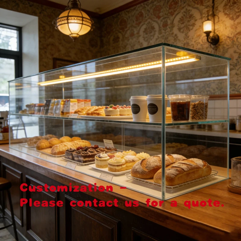 custom.Elegant Countertop Glass Bakery Display Cabinet Tempered Glass Stainless Steel Recyclable Design Coffee Shops
