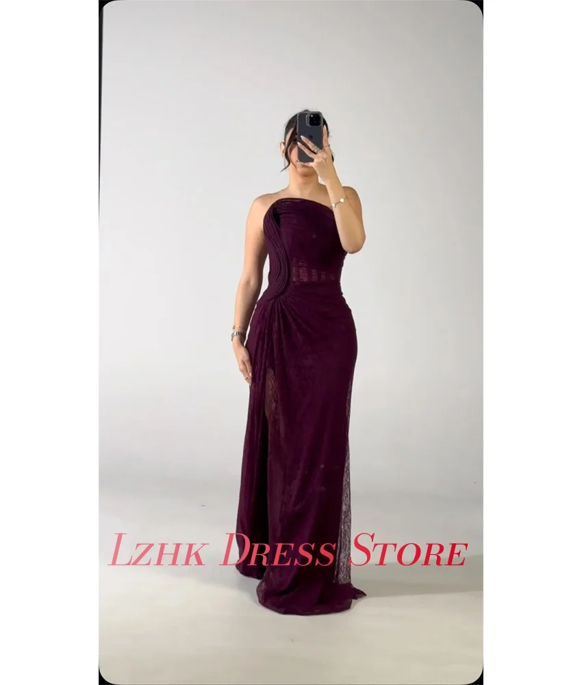 Vestido de noite sereia de renda de alta qualidade personalizado, delicado, sem mangas, sem alças, até o chão