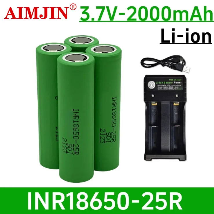 

INR18650-25R 3.7V 2000mAh rechargeable lithium-ion battery For Remote Control Durable Batteries+charger