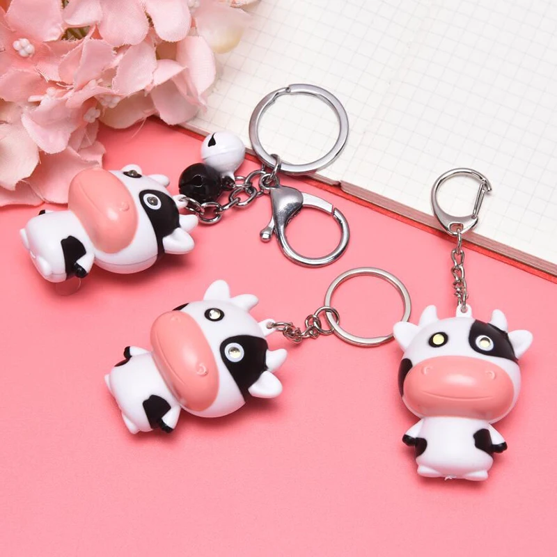 LED Audible Light-emitting Cow Keychain Charm Mini Torch Children's Toy Animal Key Ring Creative Mobile Phone Case Accessory