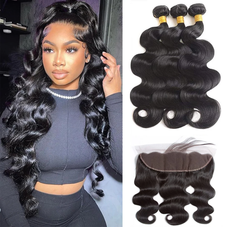 Pacotes brasileiros de cabelo humano com fecho, onda do corpo, cabelo humano virgem remy, 3 pacotes, 13x4 Lace Closure, cor natural, 100%