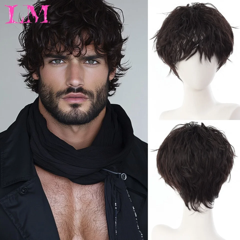 LM Synthetic Wigs Natural Brown Messy Short Curly Men Wig Synthetic Fluffy Layered Male Men Wig for Daily Cosplay Styling