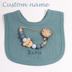 Baberos personalizados para bebé y conjunto de cadena de chupete, nombre bordado personalizado, toalla de Saliva infantil de algodón, babero, regalos para fiesta de bienvenida de bebé y bautismo