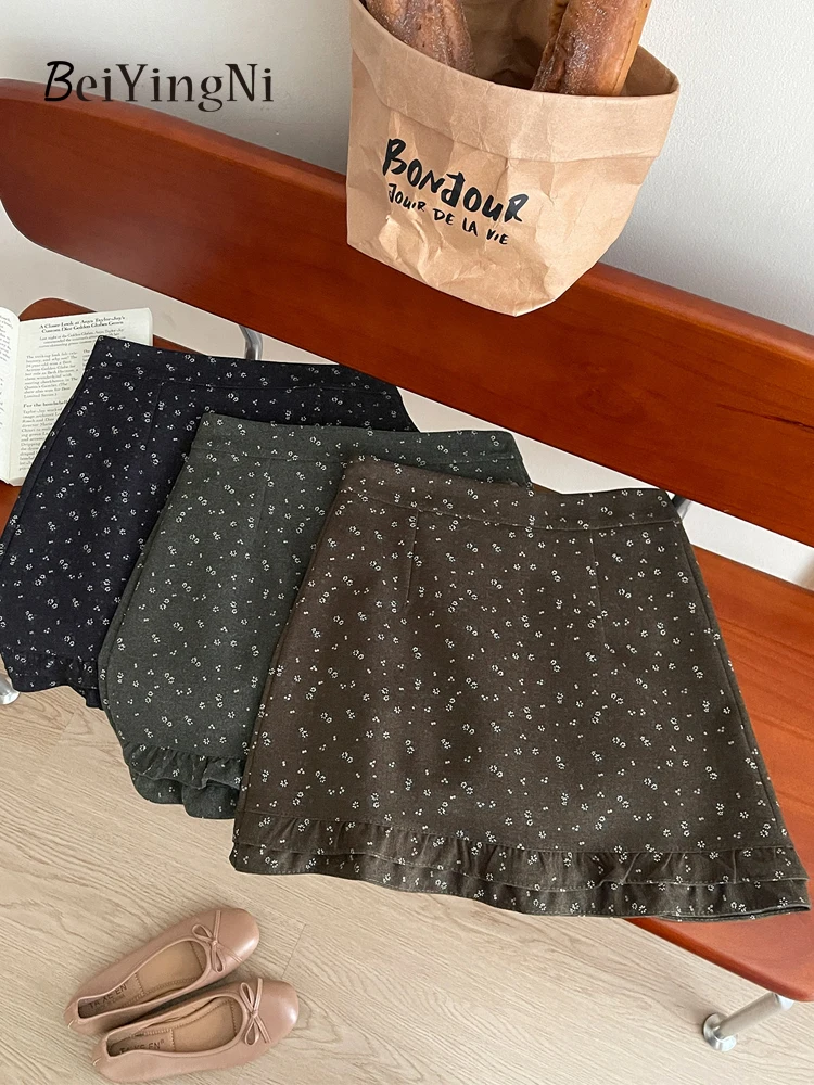 Beiyingni French Casual Mini Skirt Women Floral Korean OL High Waist A-line Skirts Female 2026 Autumn Winter Fungus Side Faldas