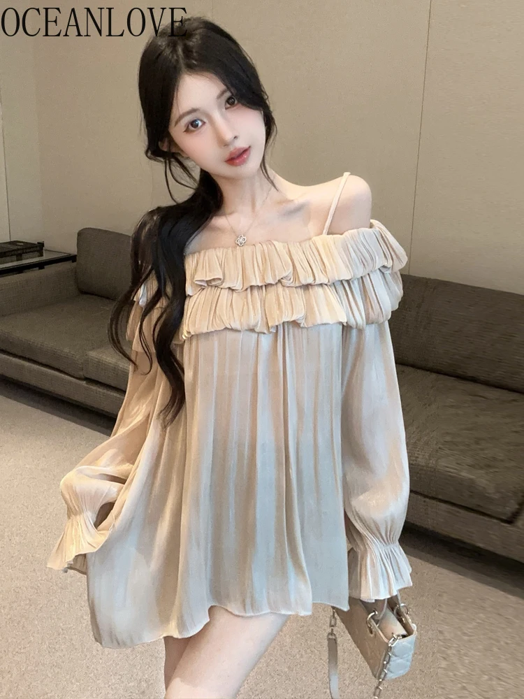 

OCEANLOVE Ruffles Blouses Solid Slash Neck Spring Autumn Elegant Women Shirts Korean Fashion Loose Vintage Blusas Mujer